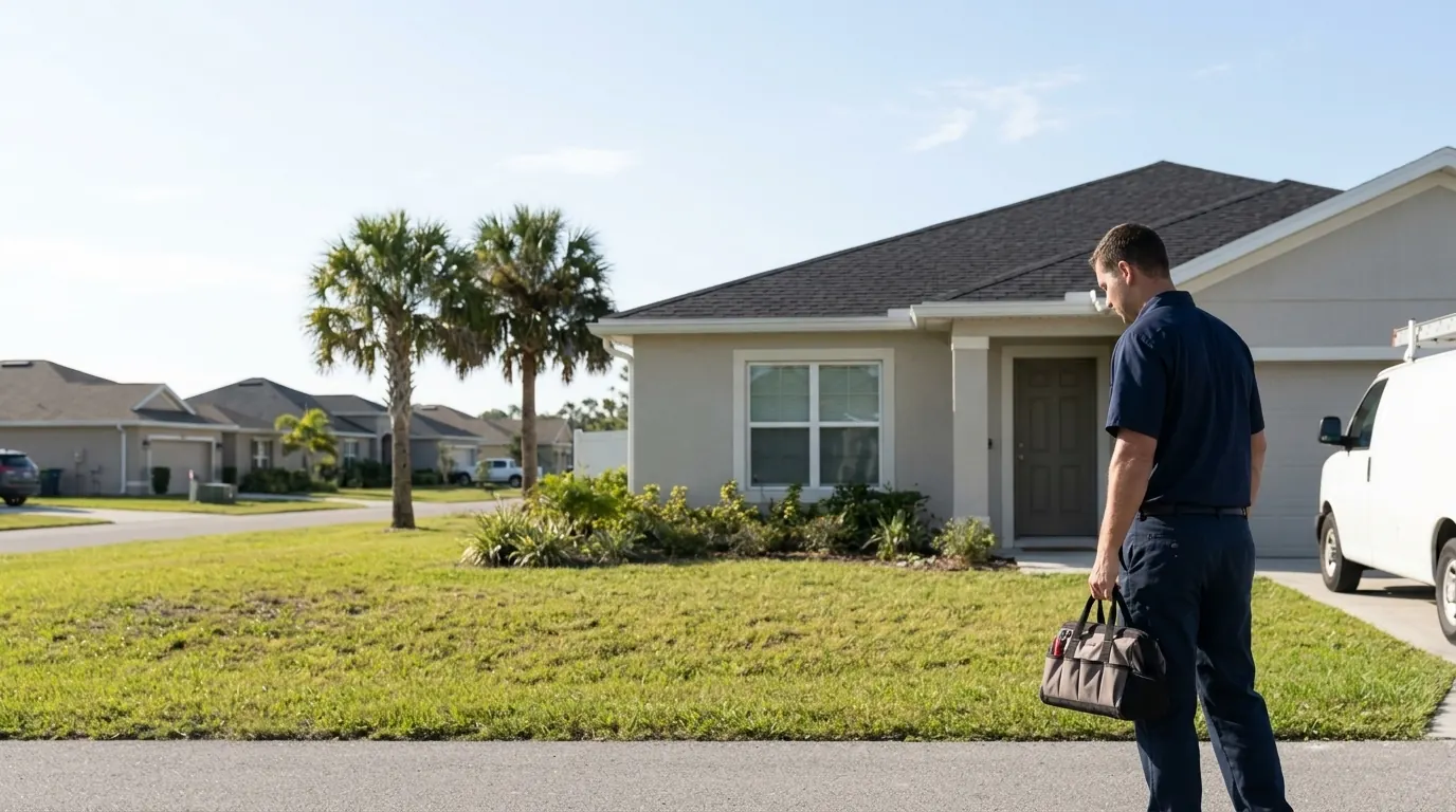 A plumber in a dark uniform carrying a tool bag toward a single-story stucco home with palm trees, next to a service van