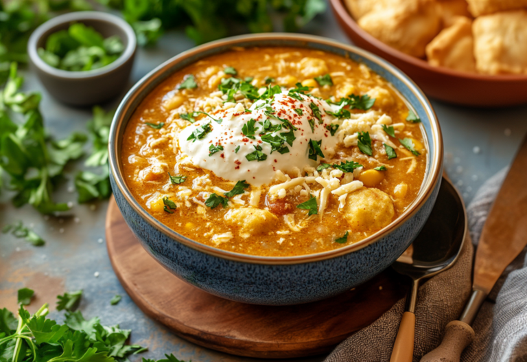 White Chicken Chili with Cornbread Crust
