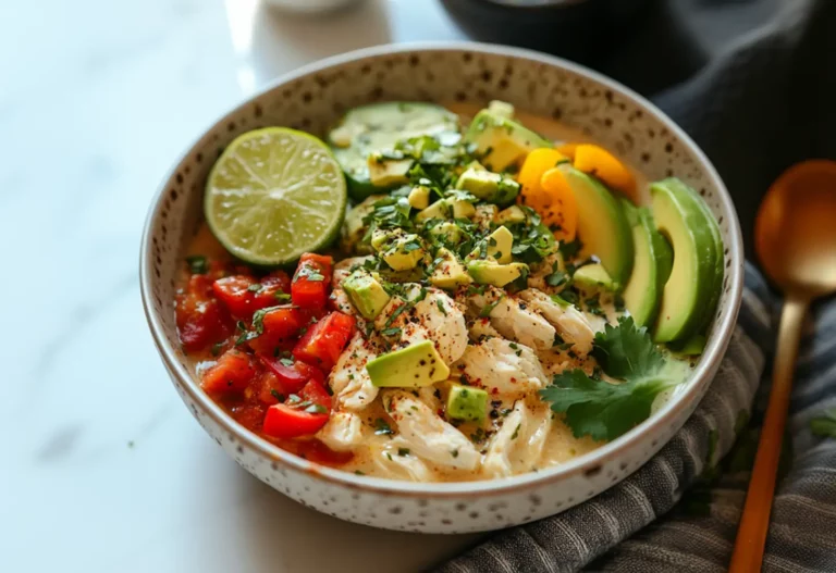 Creamy White Chicken Chili With Avocado and Lime When it comes to hearty comfort food, creamy white chicken chili stands out as a delicious option that warms you from the inside out. This dish features a creamy texture, often enhanced with cream cheese or sour cream, which perfectly complements the tender chicken and vibrant vegetables. You can explore various chili variations by incorporating ingredients like jalapeños for spice or smoked paprika for a smoky depth. Don't forget the flavor enhancements; spices like cumin and chili powder elevate the dish's richness. This recipe is perfect for [cold winter nights](https://www.halfbakedharvest.com/creamy-white-chicken-chili/), making it a go-to choice for cozy gatherings. Whether you're whipping it up on the stovetop or letting it simmer in a slow cooker, this chili offers versatility and adaptability, making it a favorite for any meal occasion. ## What ingredients do you need? To create a delicious creamy white chicken chili, you'll need a variety of ingredients that come together to build rich flavors and textures. Here's what you should gather: 1. Base Ingredients: Olive oil, onion, garlic, chicken, and low-sodium chicken broth. 2. Spices and Seasonings: Ground cumin, smoked paprika, chili powder, dried oregano, coriander, kosher salt, and black pepper. 3. Creamy Additions: Cream cheese, sour cream, salsa verde, canned white beans, and shredded cheddar cheese. Additionally, using [28 oz 98% lean chicken breast](https://www.staceyhawkins.com/blogs/optavia-lean-and-green-recipes/zesty-chicken-chili-with-avocado-cream) will ensure you have a lean protein source in your chili. 4. Garnishes: Avocado, fresh cilantro, lime juice, jalapeños, and yogurt. If you're looking for ingredient alternatives or flavor enhancements, consider avocado oil for a different base or adding lime zest for a zesty kick. ## Step by Step Instructions As you commence on making your creamy white chicken chili, start by heating olive oil in a large pot over medium heat. Follow these steps for a delicious result: 1. Add chopped onion, cooking until fragrant, then stir in minced garlic. 2. Incorporate your choice of chopped peppers, cooking until soft, and mix in spices like cumin and chili powder. 3. Add boneless chicken and low-sodium broth, bringing it to a simmer; cover partially for 20 minutes. 4. Once cooked, shred the chicken and mix in melted cream cheese, white beans, and salsa verde. [Heavy whipping cream](https://www.allrecipes.com/recipe/229949/creamy-white-chili/) can be added at this stage for an extra layer of richness. Explore various chili variations by adjusting spices or adding different beans. This combination of cooking techniques will elevate your dish, creating a creamy, flavorful experience. ## Cooking Tips Now that you've got the step-by-step instructions down, let's focus on some cooking tips to enhance your creamy white chicken chili. First, choose your cooking techniques wisely: the stovetop for quick preparation, a slow cooker for flexibility, or an Instant Pot for speed. When sautéing, always balance flavors—start with onions, garlic, and spices to build a solid base. Adjust seasonings as you go; taste and tweak salt and pepper levels for ideal flavor balancing. After cooking, shred the chicken for better texture and mix in cream cheese or sour cream to achieve that creamy consistency. Finally, let your chili simmer to meld those flavors beautifully before serving. ## Serving Suggestions When you're ready to serve your creamy white chicken chili, consider elevating the dish with a variety of toppings and garnishes. You can offer topping combinations like shredded cheese, crispy bacon, and fresh cilantro to enhance flavors and textures. Slices of creamy avocado and a dollop of sour cream add richness, while lime juice and zest provide a revitalizing kick. For serving styles, ladle the chili into individual bowls or serve it hot directly from the pot. You might even present it in mason jars for a cozy touch. Don't forget to offer tortilla chips or crusty bread on the side for dipping. ## Storing Proper storage is key to maintaining the deliciousness of your creamy white chicken chili. For refrigeration, keep it in airtight containers, ensuring they're sealed to maintain freshness. It'll last for 3-4 days when refrigerated at a consistent temperature below 40°F (4°C). For easier reheating, consider separating the chili into smaller portions. If you want to store it longer, use freezing techniques. Cool the chili completely before placing it in freezer-safe containers or freezer bags. It can last for up to 3 months in the freezer. Lay freezer bags flat on a baking tray to freeze, and don't forget to label them with the date. When you're ready to enjoy it again, thaw overnight in the refrigerator before reheating. ## Health Benefits Storing your creamy white chicken chili properly not only preserves its flavor but also keeps its nutritional benefits intact. This dish packs a powerful punch with lean protein from chicken and fiber-rich white beans, making it an excellent choice for muscle health and digestive stability. Compared to beef-based chili variations, yours is lower in saturated fat, enhancing heart health. The addition of avocado provides healthy fats and essential vitamins, while lime boosts your immune system with vitamin C. When you consider nutrient comparisons, this chili balances protein, fiber, and antioxidants, supporting overall health. Its anti-inflammatory properties also aid in weight management, making it a smart meal choice for anyone looking to nourish their body effectively. ## What to serve with it Enhancing your creamy white chicken chili with the right accompaniments can elevate the entire meal experience. Start by adding toppings like avocado, cheddar cheese, cilantro, and green onions for extra flavor. A squeeze of lime juice or zest brightens up the dish beautifully. For side dish ideas, consider serving homemade beer bread or cornbread, which pairs perfectly with the chili's creaminess. Tortilla strips and quesadillas add a delightful crunch, while a fresh green salad or roasted vegetables provide a healthy balance. If you want something more substantial, serve it alongside rice or crunchy corn tortilla chips. Don't forget to offer sour cream or Greek yogurt for a creamy finish, and maybe a dash of hot sauce for those who like heat!