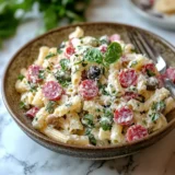 Classic Italian Pasta Salad With Salami and Olives Italian pasta salad is more than just a dish; it's a vibrant blend of history and culture. You mightn't realize that pasta salad originated as a clever Italian Jewish invention to make cold pasta palatable on Shabbat, adapting local culinary traditions to meet dietary needs. This reflects a rich pasta history where Jewish communities creatively used ingredients like eggplant and artichokes, often overlooked by non-Jews. As [Jewish culinary traditions](https://www.myjewishlearning.com/the-nosher/why-pasta-salad-is-actually-really-jewish/) evolved, these culinary adaptations evolved, leading to various regional versions. Today, pasta salad remains an essential part of Jewish culinary heritage, showcasing the dish's ability to adapt and thrive. Whether enjoyed during family gatherings or summer picnics, it connects you to centuries of creativity and tradition. ## What ingredients do you need? To create a delicious Italian pasta salad, you'll need a variety of fresh ingredients. Start by selecting your favorite pasta varieties, like rotini or fusilli, and cook 12 ounces until al dente. Next, gather colorful veggies and meats to add flavor and texture: - 1-2 bell peppers, chopped - 6-8 ounces salami, cut into bite-size pieces - 1/4 cup to 3/4 cup pitted olives Don't forget the herbs! Fresh parsley and basil will enhance the salad. Additionally, incorporating [high-quality extra virgin olive oil](https://www.themediterraneandish.com/italian-pasta-salad/) in your dressing is essential for flavor absorption. Finally, prepare your salad dressings using olive oil, white wine vinegar, and garlic for a zesty finish. ## Step by Step Instructions Creating a delicious Italian pasta salad starts with cooking the pasta perfectly. Begin by boiling a large pot of salted water and add your chosen pasta variations, cooking according to package instructions until slightly past al dente. [Slightly overcooking pasta](https://www.loveandlemons.com/italian-pasta-salad/) ensures tenderness even after cooling. Drain and toss with olive oil to prevent sticking, then let it cool to room temperature. Next, prepare your salad ingredients: - Chop vegetables like cherry tomatoes and bell peppers. - Slice salami and prepare cheese. - Pit olives and chop fresh herbs. Transfer the cooled pasta to a large bowl, mixing in the veggies, meats, cheese, and olives. Whisk together your favorite salad dressings, pour over the mixture, and toss well. Chill for 1-2 hours for enhanced flavor before serving. ## Cooking Tips Once you've cooked the pasta and prepared your ingredients, it's time to focus on a few cooking tips that can elevate your Italian pasta salad. First, make sure you cook the pasta until it's al dente; this maintains the ideal pasta texture. If you prefer a softer texture, you can cook it slightly longer but be cautious not to overdo it. Always rinse the pasta with cold water after cooking to halt the cooking process and prevent mushiness. When it comes to ingredient selection, opt for short pasta shapes like fusilli or rotini, as they trap flavors better. Tossing the pasta with olive oil after cooking also helps prevent sticking, guaranteeing a deliciously cohesive salad. ## Serving Suggestions Serving Italian pasta salad can be a delightful experience, whether you choose to present it as a main course or a side dish. When serving it as a main dish, highlight its filling ingredients like salami and cheese, making it perfect for lunch or a light dinner. For presentation ideas, consider using a large, colorful bowl to showcase the vibrant vegetables. If you're opting for a side dish, it complements grilled meats beautifully and adds a flavorful touch to BBQs. At gatherings, buffet-style serving works well, allowing guests to help themselves easily. Whichever serving style you choose, this pasta salad brings a revitalizing and satisfying option to any meal. ## Storing Properly storing your Italian pasta salad is essential to guarantee it stays fresh and safe to eat. To maximize its shelf life, follow these storage tips: keep your salad in an airtight container, preferably glass or BPA-free plastic, and make sure to seal it tightly. Store it in the coldest part of your fridge at or below 40°F (4°C) to aid spoilage prevention. Remember to label the container with the date you made it. Check for signs of spoilage regularly, and avoid leaving the salad at room temperature for more than 2 hours. If you have a mayonnaise-based salad, consume it within 2-3 days, while vinegar-based dressings can help extend freshness. ## Health Benefits Italian pasta salad offers a variety of health benefits, making it a delicious and nutritious choice for your meals. The combination of ingredients supports nutrient absorption, helping your body utilize vitamins and minerals effectively. For instance, the tomatoes provide vitamin C and lycopene, which boost your immune system and promote heart health. Olives add healthy fats, antioxidants, and vitamin E, contributing to overall well-being. The fiber from vegetables aids digestion, while the protein from salami and cheese helps meet your daily protein needs. Just keep an eye on the sodium and saturated fat levels to maintain a balanced diet. Enjoying this salad in moderation can be a tasty way to support your health. ## What to serve with it When planning a meal with Italian pasta salad, consider pairing it with a variety of dishes to create a well-rounded dining experience. Grilled meats, like steak or chicken, make excellent main courses that complement your pasta salad pairings. If you're hosting a BBQ, burgers and ribs are ideal side dishes that everyone will love. For a lighter option, grilled shrimp or a veggie burger can work nicely, too. On the side, don't forget classic options like garlic bread or a fresh green salad, which brightens the meal. You might also serve creamy coleslaw or roasted potatoes for a heartier touch. Whether it's a picnic or family gathering, these choices will enhance your pasta salad and satisfy your guests.