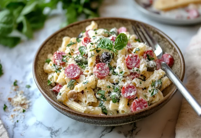 Classic Italian Pasta Salad With Salami and Olives Italian pasta salad is more than just a dish; it's a vibrant blend of history and culture. You mightn't realize that pasta salad originated as a clever Italian Jewish invention to make cold pasta palatable on Shabbat, adapting local culinary traditions to meet dietary needs. This reflects a rich pasta history where Jewish communities creatively used ingredients like eggplant and artichokes, often overlooked by non-Jews. As [Jewish culinary traditions](https://www.myjewishlearning.com/the-nosher/why-pasta-salad-is-actually-really-jewish/) evolved, these culinary adaptations evolved, leading to various regional versions. Today, pasta salad remains an essential part of Jewish culinary heritage, showcasing the dish's ability to adapt and thrive. Whether enjoyed during family gatherings or summer picnics, it connects you to centuries of creativity and tradition. ## What ingredients do you need? To create a delicious Italian pasta salad, you'll need a variety of fresh ingredients. Start by selecting your favorite pasta varieties, like rotini or fusilli, and cook 12 ounces until al dente. Next, gather colorful veggies and meats to add flavor and texture: - 1-2 bell peppers, chopped - 6-8 ounces salami, cut into bite-size pieces - 1/4 cup to 3/4 cup pitted olives Don't forget the herbs! Fresh parsley and basil will enhance the salad. Additionally, incorporating [high-quality extra virgin olive oil](https://www.themediterraneandish.com/italian-pasta-salad/) in your dressing is essential for flavor absorption. Finally, prepare your salad dressings using olive oil, white wine vinegar, and garlic for a zesty finish. ## Step by Step Instructions Creating a delicious Italian pasta salad starts with cooking the pasta perfectly. Begin by boiling a large pot of salted water and add your chosen pasta variations, cooking according to package instructions until slightly past al dente. [Slightly overcooking pasta](https://www.loveandlemons.com/italian-pasta-salad/) ensures tenderness even after cooling. Drain and toss with olive oil to prevent sticking, then let it cool to room temperature. Next, prepare your salad ingredients: - Chop vegetables like cherry tomatoes and bell peppers. - Slice salami and prepare cheese. - Pit olives and chop fresh herbs. Transfer the cooled pasta to a large bowl, mixing in the veggies, meats, cheese, and olives. Whisk together your favorite salad dressings, pour over the mixture, and toss well. Chill for 1-2 hours for enhanced flavor before serving. ## Cooking Tips Once you've cooked the pasta and prepared your ingredients, it's time to focus on a few cooking tips that can elevate your Italian pasta salad. First, make sure you cook the pasta until it's al dente; this maintains the ideal pasta texture. If you prefer a softer texture, you can cook it slightly longer but be cautious not to overdo it. Always rinse the pasta with cold water after cooking to halt the cooking process and prevent mushiness. When it comes to ingredient selection, opt for short pasta shapes like fusilli or rotini, as they trap flavors better. Tossing the pasta with olive oil after cooking also helps prevent sticking, guaranteeing a deliciously cohesive salad. ## Serving Suggestions Serving Italian pasta salad can be a delightful experience, whether you choose to present it as a main course or a side dish. When serving it as a main dish, highlight its filling ingredients like salami and cheese, making it perfect for lunch or a light dinner. For presentation ideas, consider using a large, colorful bowl to showcase the vibrant vegetables. If you're opting for a side dish, it complements grilled meats beautifully and adds a flavorful touch to BBQs. At gatherings, buffet-style serving works well, allowing guests to help themselves easily. Whichever serving style you choose, this pasta salad brings a revitalizing and satisfying option to any meal. ## Storing Properly storing your Italian pasta salad is essential to guarantee it stays fresh and safe to eat. To maximize its shelf life, follow these storage tips: keep your salad in an airtight container, preferably glass or BPA-free plastic, and make sure to seal it tightly. Store it in the coldest part of your fridge at or below 40°F (4°C) to aid spoilage prevention. Remember to label the container with the date you made it. Check for signs of spoilage regularly, and avoid leaving the salad at room temperature for more than 2 hours. If you have a mayonnaise-based salad, consume it within 2-3 days, while vinegar-based dressings can help extend freshness. ## Health Benefits Italian pasta salad offers a variety of health benefits, making it a delicious and nutritious choice for your meals. The combination of ingredients supports nutrient absorption, helping your body utilize vitamins and minerals effectively. For instance, the tomatoes provide vitamin C and lycopene, which boost your immune system and promote heart health. Olives add healthy fats, antioxidants, and vitamin E, contributing to overall well-being. The fiber from vegetables aids digestion, while the protein from salami and cheese helps meet your daily protein needs. Just keep an eye on the sodium and saturated fat levels to maintain a balanced diet. Enjoying this salad in moderation can be a tasty way to support your health. ## What to serve with it When planning a meal with Italian pasta salad, consider pairing it with a variety of dishes to create a well-rounded dining experience. Grilled meats, like steak or chicken, make excellent main courses that complement your pasta salad pairings. If you're hosting a BBQ, burgers and ribs are ideal side dishes that everyone will love. For a lighter option, grilled shrimp or a veggie burger can work nicely, too. On the side, don't forget classic options like garlic bread or a fresh green salad, which brightens the meal. You might also serve creamy coleslaw or roasted potatoes for a heartier touch. Whether it's a picnic or family gathering, these choices will enhance your pasta salad and satisfy your guests.
